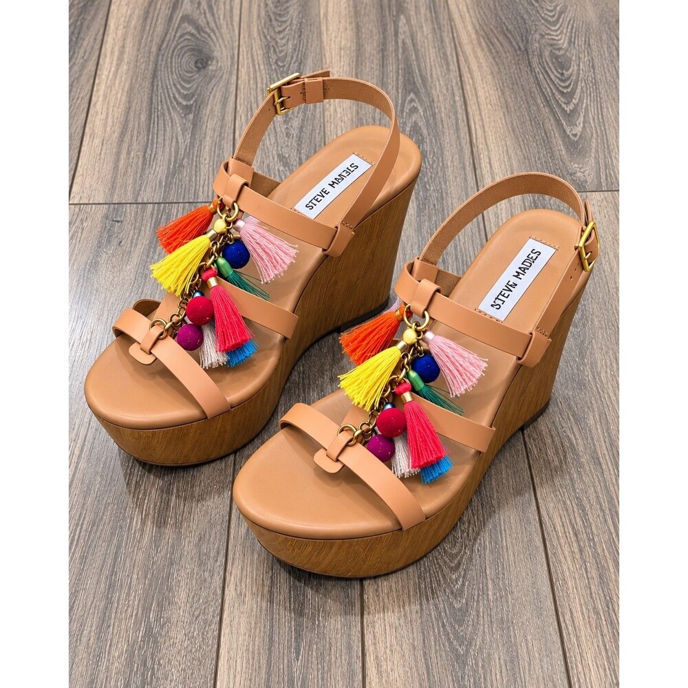 Steve Madden KEA Womens 9 Leather Platform Wedge Sandals Tassel Made Italy